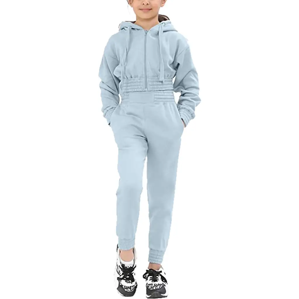 Girls Crop Set Kids Zip Hooded Crop Jogging Tracksuit -