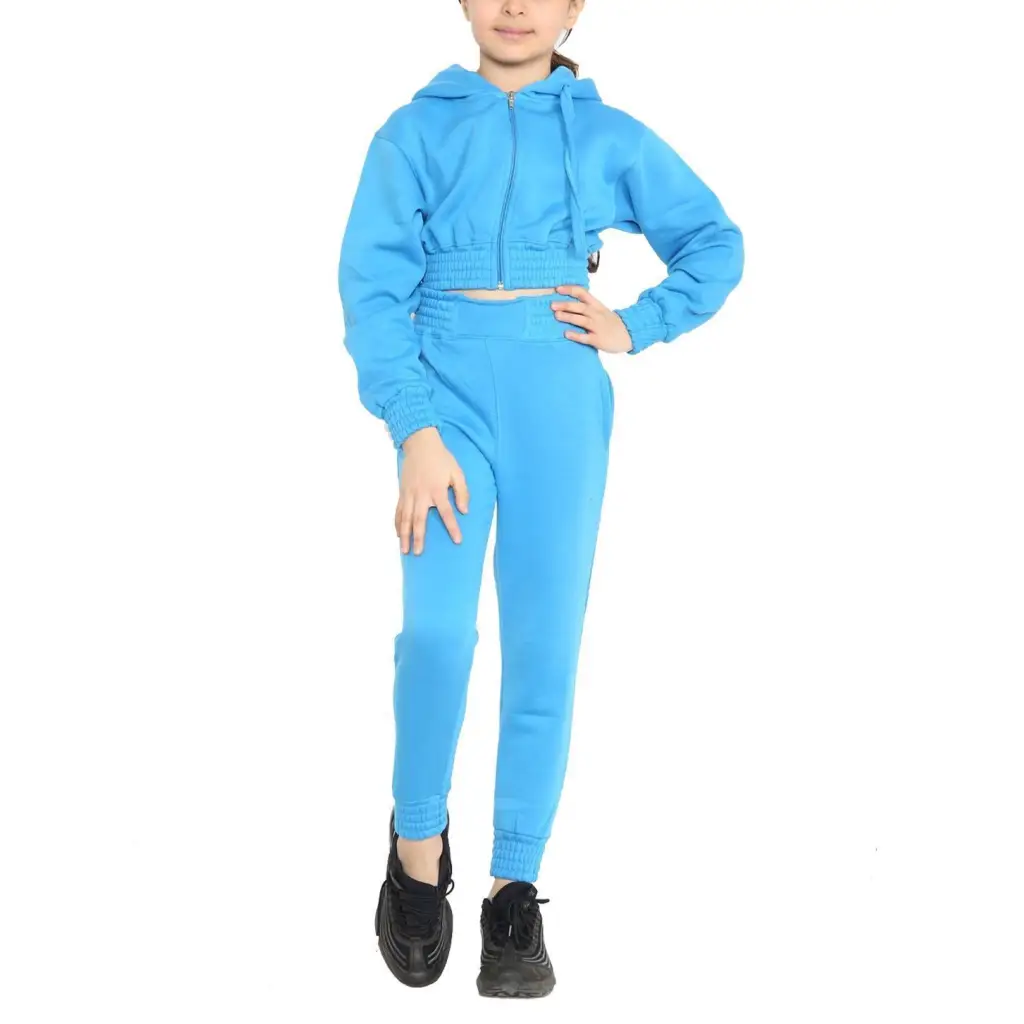 Girls Crop Set Kids Zip Hooded Crop Jogging Tracksuit -