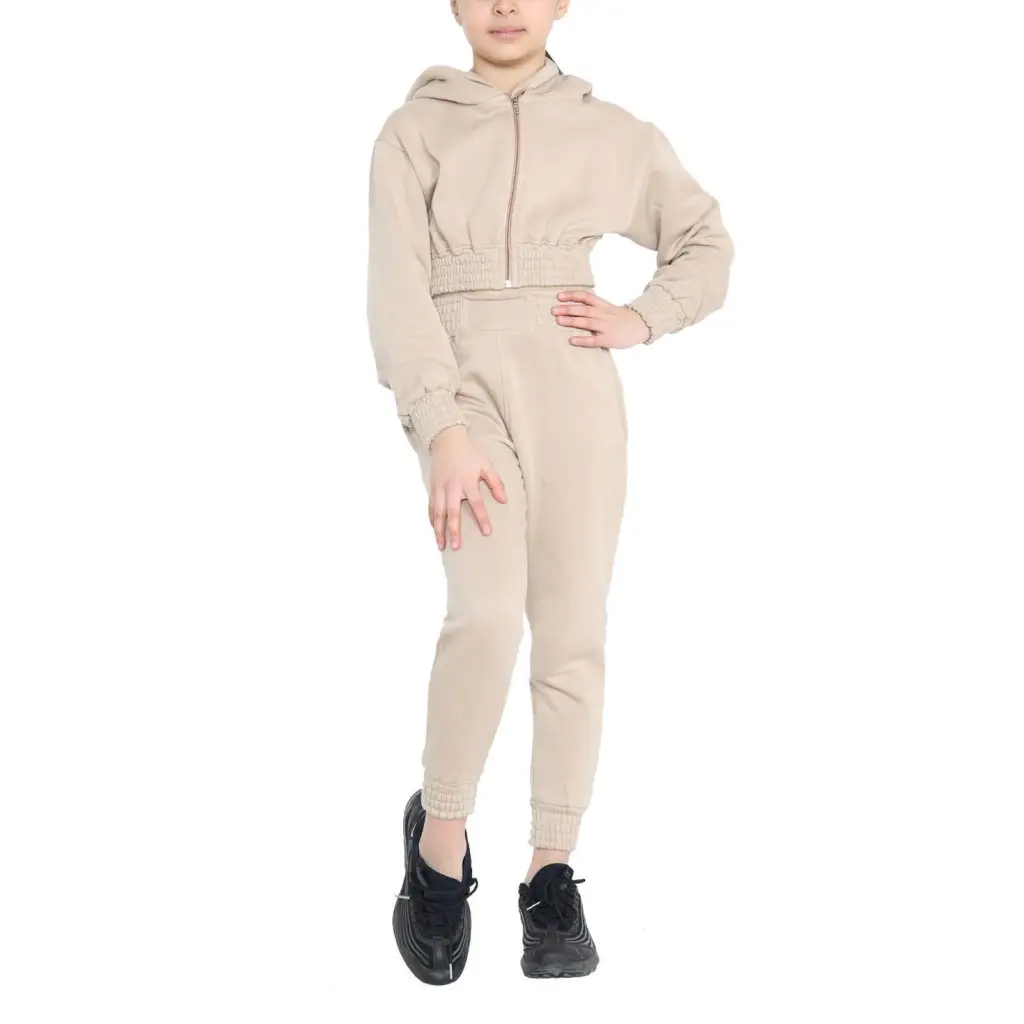 Girls Crop Set Kids Zip Hooded Crop Jogging Tracksuit -