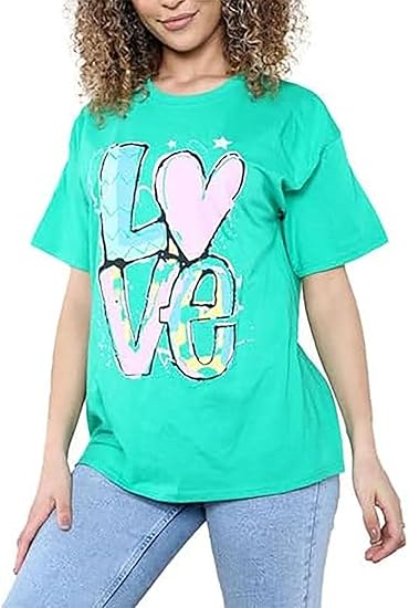 New Womens Ladies Short Sleeve Oversize Colorful LOVE Print Summer T-Shirt Top