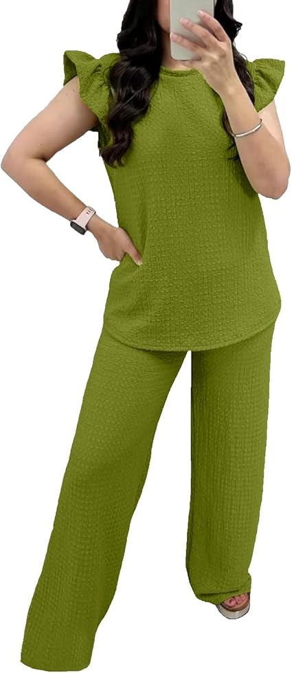 LUXEDIVA Womens Ladies Super Soft Popcorn Frill Short Sleeve Top Trouser 2PCS Co Ord LOungewear Sets