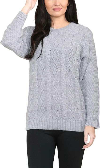 LUXE DIVA LADIES ROUND NECK LONG SLEEVE KNITTED JUMPER SELF PATTERN WITH DIAMOND ALL WAY DOWN CABLE KNIT