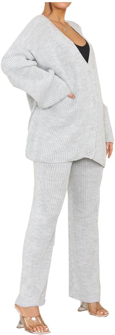 Womens Knitted Loungewear Sets Ladies Plain Chunky 4 Button Casual Winter Warm Oversized Baggy Loose Fit Ladies 2 Piece Tracksuits UK 8-14