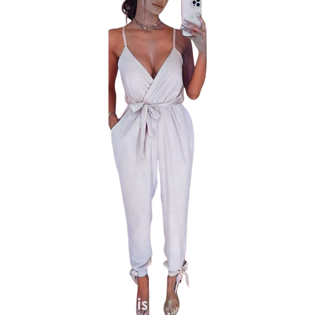 LUXEDIVA Womens V Neck Wrap Over Tie Waist Ankle Tie Jumpsuit Strappy Cam