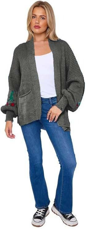 LUXE DIVA Womens Knitted Cherry Print Balloon Sleeves Cardigan