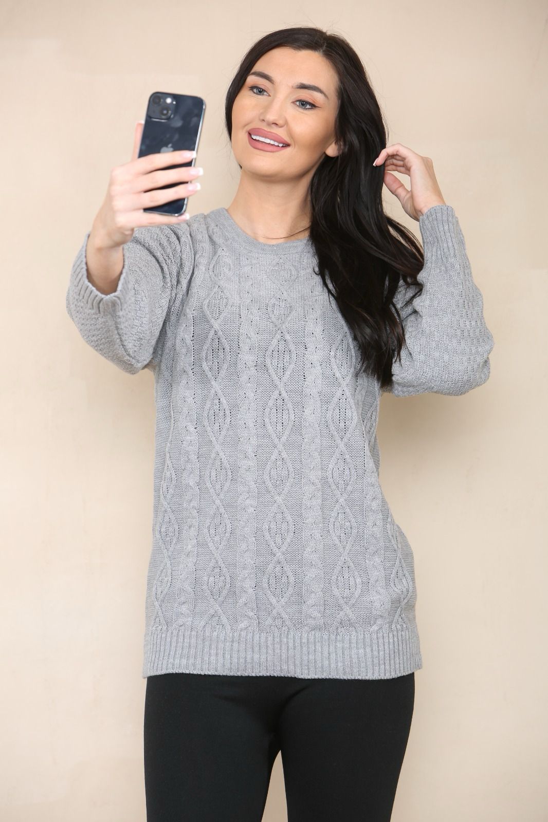 LUXE DIVA LADIES ROUND NECK LONG SLEEVE KNITTED JUMPER SELF PATTERN WITH DIAMOND ALL WAY DOWN CABLE KNIT