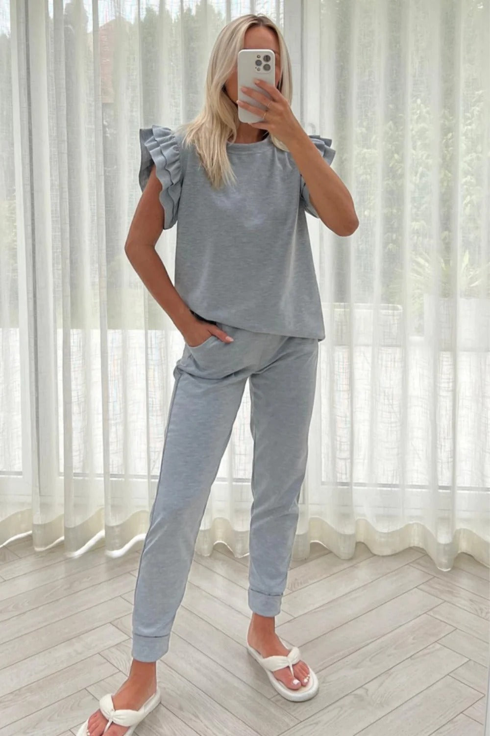 Womens Round Neck Frill Peplum Sleeve Top Tracksuit Ladies Boxy Bottom Lounge Wear Set