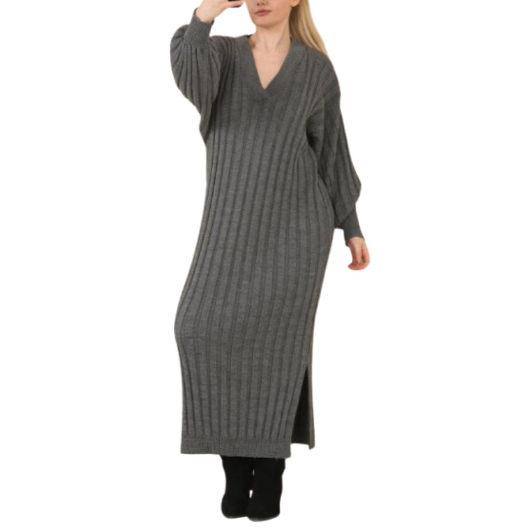 LUXE DIVA LADIES V Neck HIGH FUNNEL NECK LONG MAXI LENGTH KNITTED DRESS NOW IN STOCK