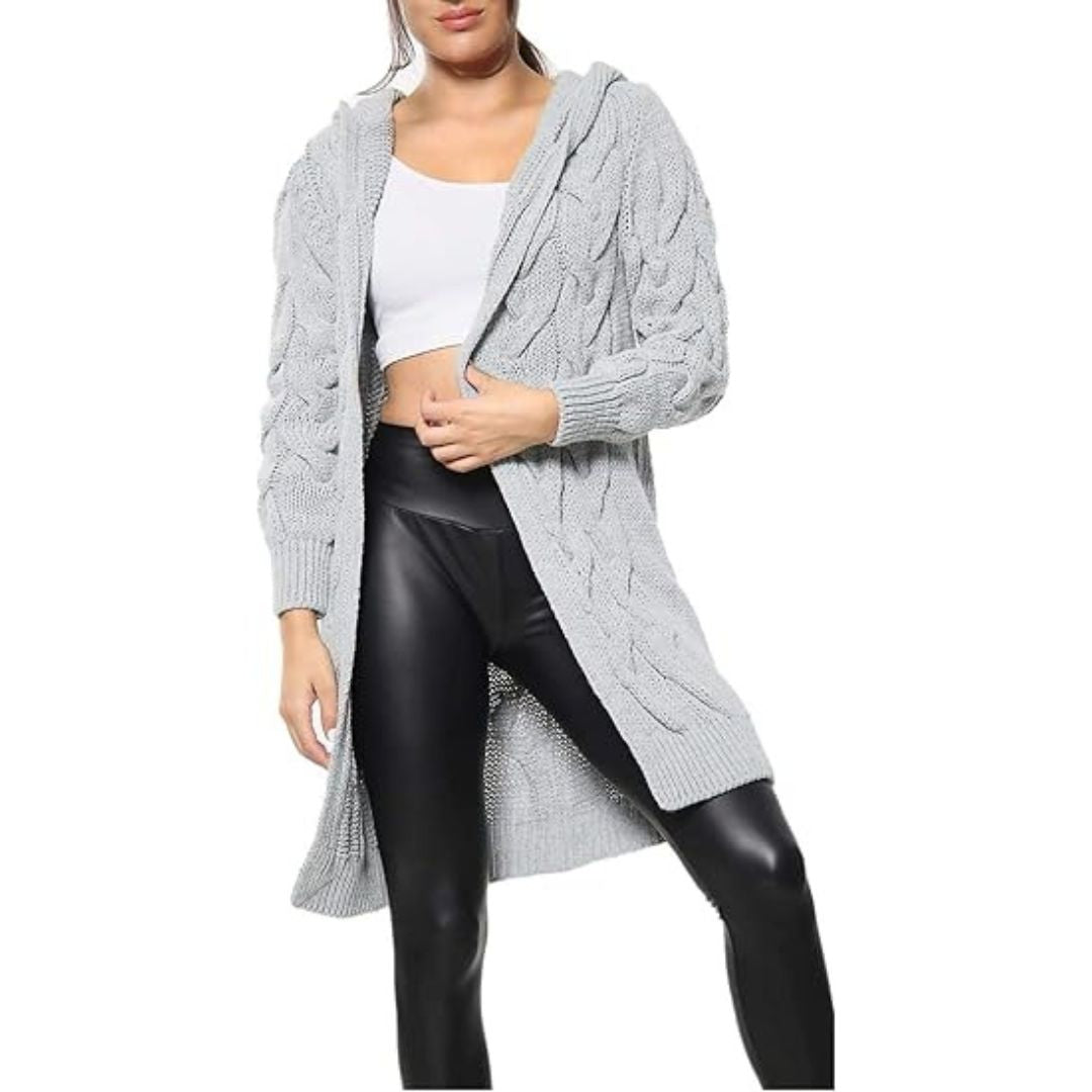 LUXE DIVA LADIES CABLE ALL-OVER HOODED ITALIAN KNITTED OPEN FRONT STYLE CARDIGAN