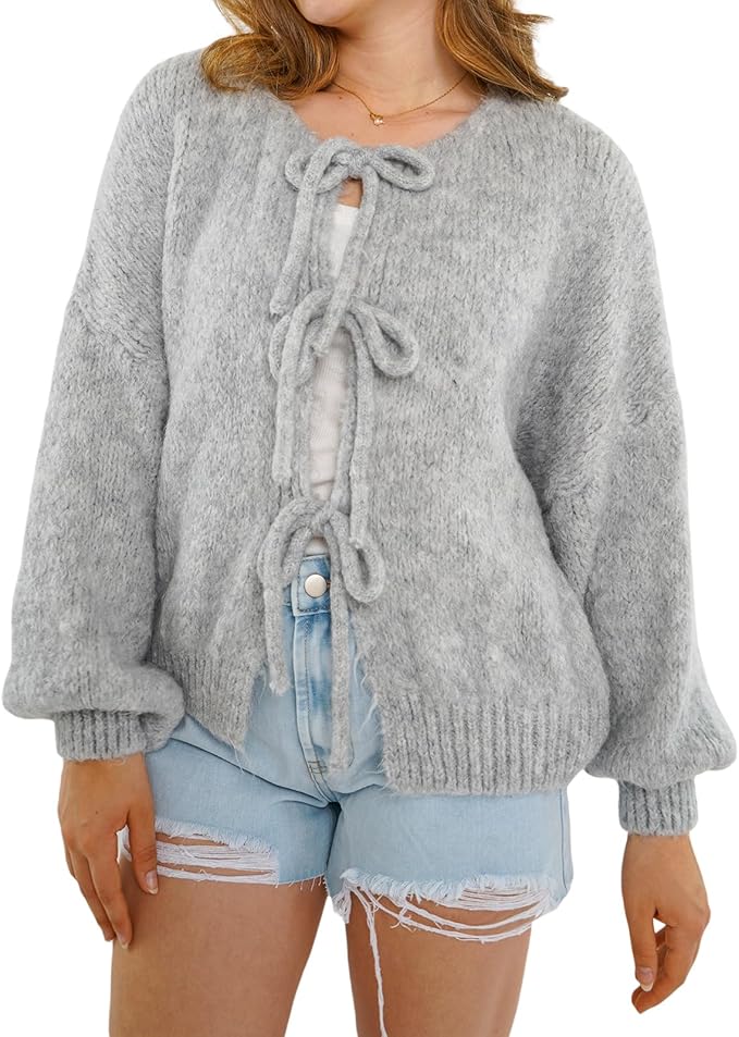 LUXE DIVA Front Cardigan Sweater Puff Long Sleeve Open Front Loose Cardigan Tops Knitted Outwear Streetwear