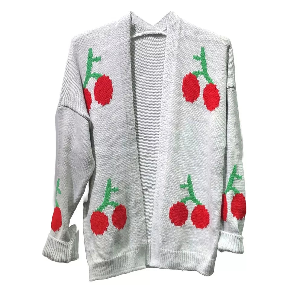 LUXE DIVA Womens Long Sleeve Cherries Print Open Front Knitted Jumper Cardigan 8-14