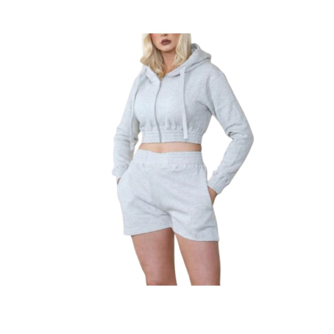 LUXE DIVA New Womens 2pcs Ruched Long Sleeve Cropped Zip Up Hoodie & Short Lounge Set UK