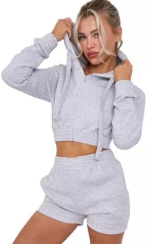 Womens Cropped Zip Up long Sleeve Hoodie And Shorts Lounge Set