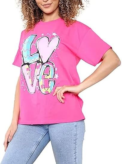 New Womens Ladies Short Sleeve Oversize Colorful LOVE Print Summer T-Shirt Top