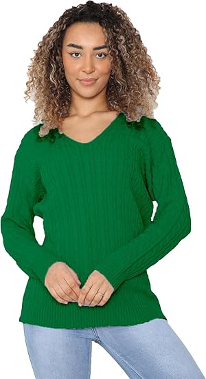 LUXE DIVA Women’s Long Sleeve V Neck Chunky Cable Knit Jumper for Ladies Casual Pullover Sweater for Women UK Size 8-22