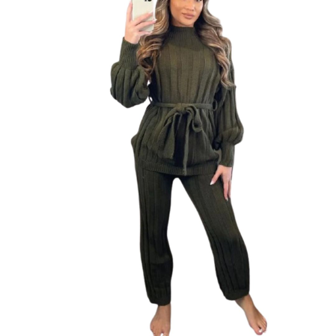 LUXE DIVA Womens Ladies Chunky Knitted High Roll Bottoms Set Loungewear Suit Tracksuit