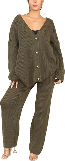 LADIES 2 PIECE CHUNKY KNIT LOUNGE WEAR SUIT ITALAIN  4 BUTTON V/N CARDIGAN OVERSIZE WIDE LEG KNIT TRS LEGGINGS