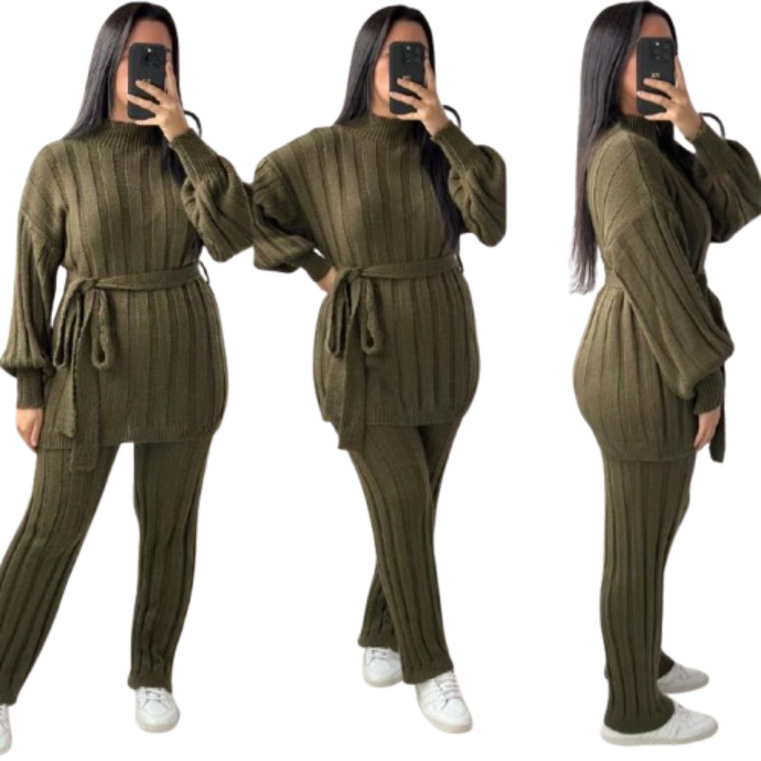 LUXE DIVA Womens Ladies Chunky Knitted High Roll Bottoms Set Loungewear Suit Tracksuit