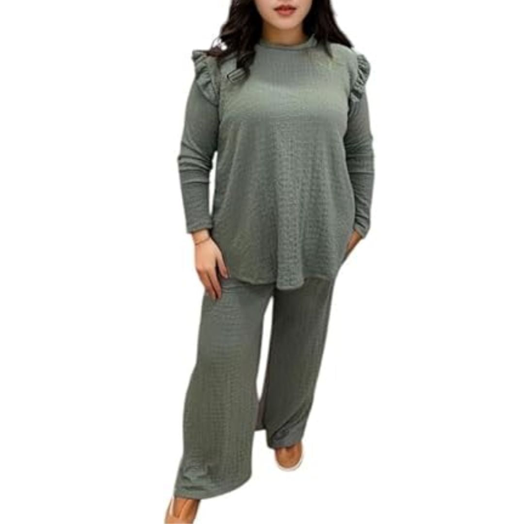 LUXE DIVA Ladies Frill arm Long Sleeve 2pcs Women's Wide Flared Leggings Trouser Loungewear Suit