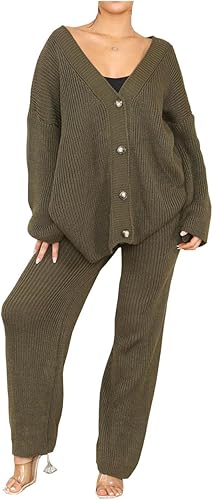 LADIES 2 PIECE CHUNKY KNIT LOUNGE WEAR SUIT ITALAIN  4 BUTTON V/N CARDIGAN OVERSIZE WIDE LEG KNIT TRS LEGGINGS