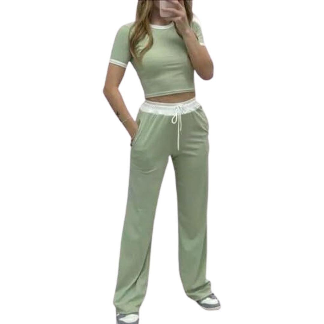 LUXE DIVA Ladies Ribbed Contrast Cap Sleeve Crop Top & Trouser 2 Piece Co ord Set 8-18 Comfort Fit Womenswear Chic Comfortable Cropped Suits Lady Basic