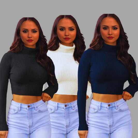 LUXE DIVA Womens Long Sleeves knitted Ribbed Polo Neck Crop Top