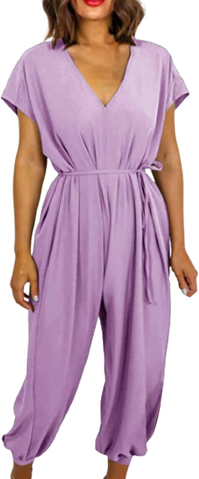 LUXE DIVA Womens V Neck Tie Belted Waist Parachute Wide Leg Jumpsuit Ladies Harem Playsuit