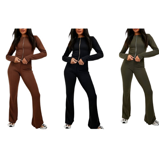 LUXE DIVA Ladies heavy Ribbed zipper two piece long sleeve top and flared trouser