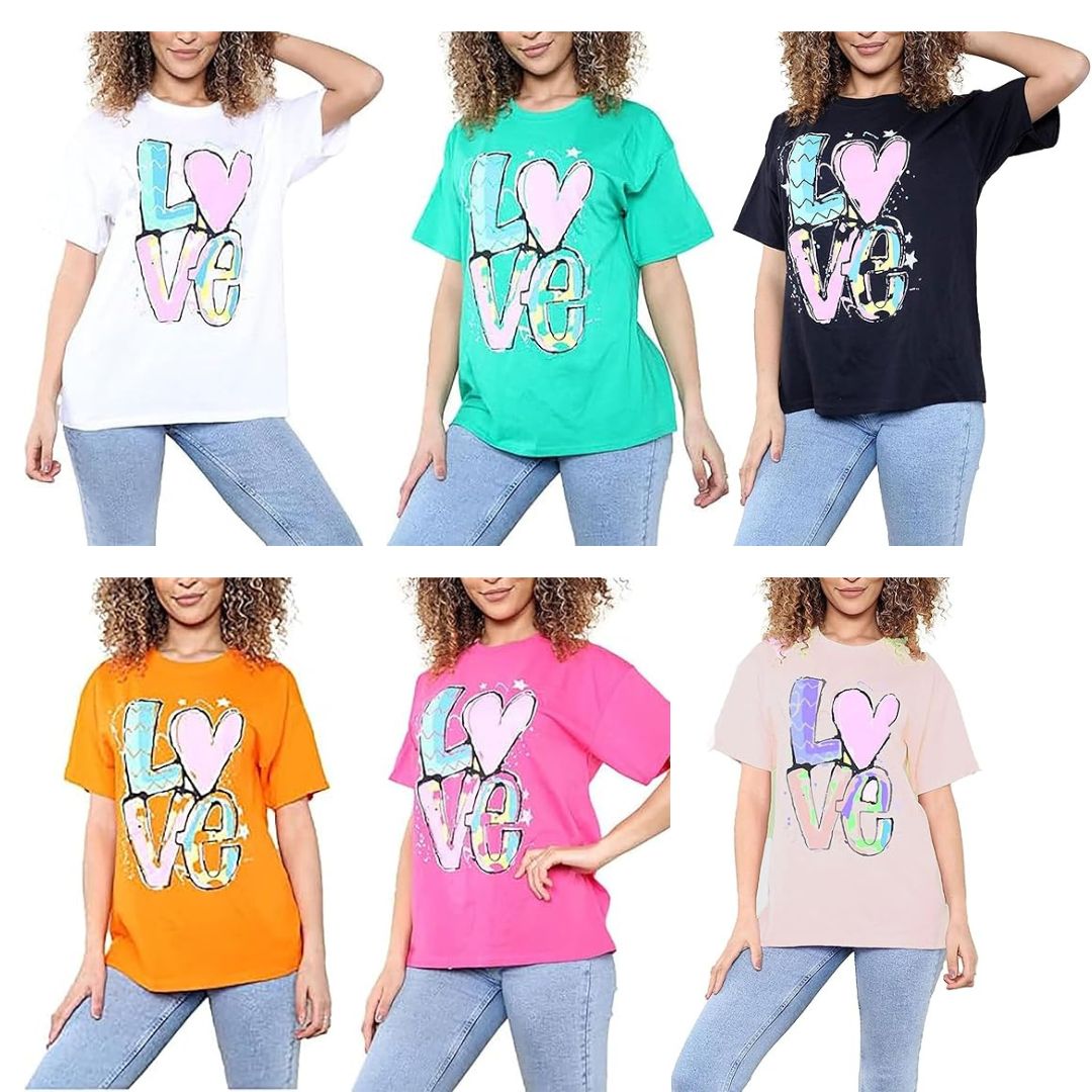 New Womens Ladies Short Sleeve Oversize Colorful LOVE Print Summer T-Shirt Top