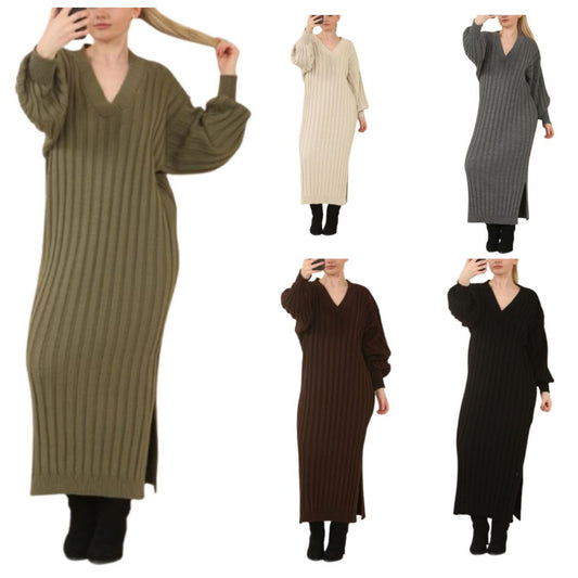 LUXE DIVA LADIES V Neck HIGH FUNNEL NECK LONG MAXI LENGTH KNITTED DRESS NOW IN STOCK