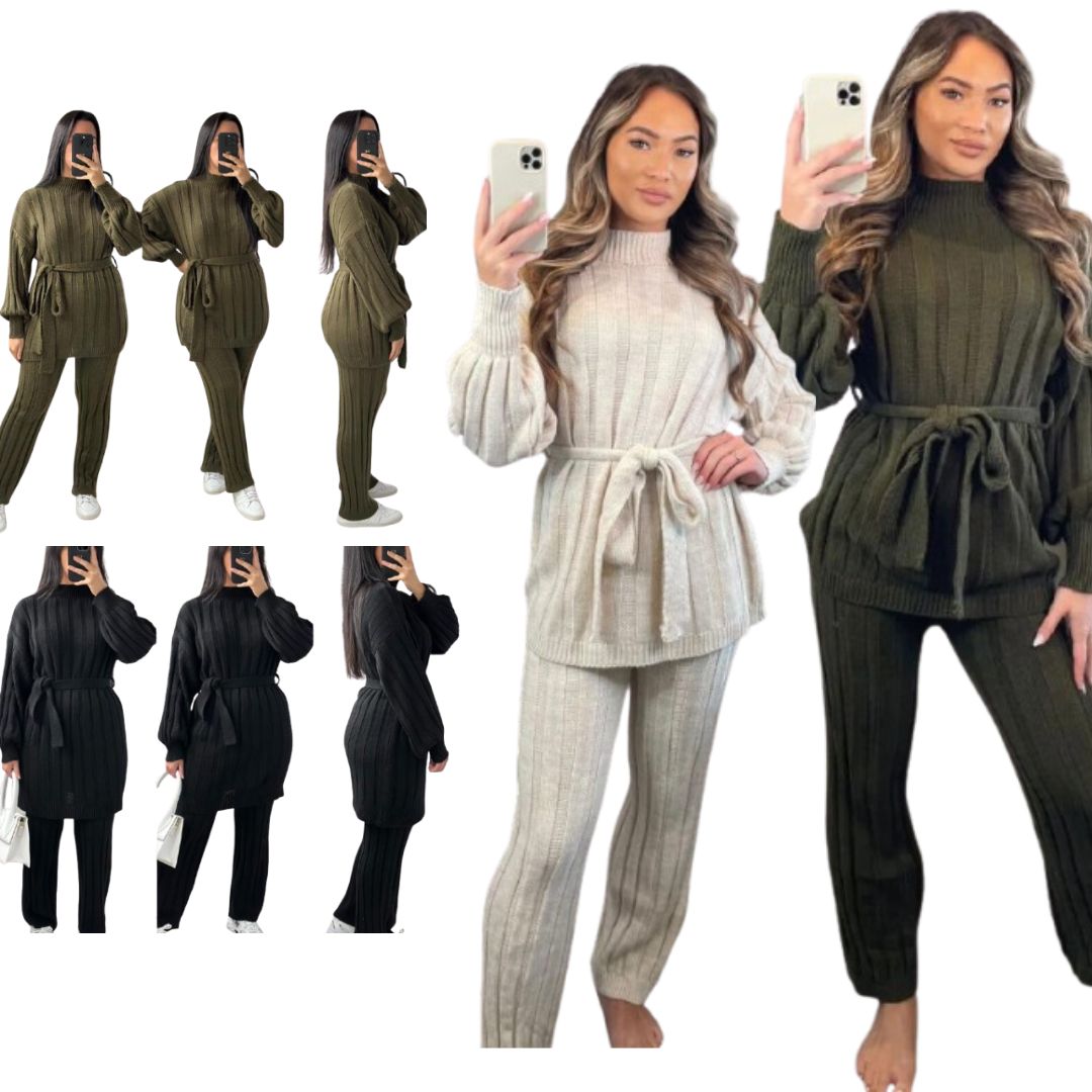 LUXE DIVA Womens Ladies Chunky Knitted High Roll Bottoms Set Loungewear Suit Tracksuit