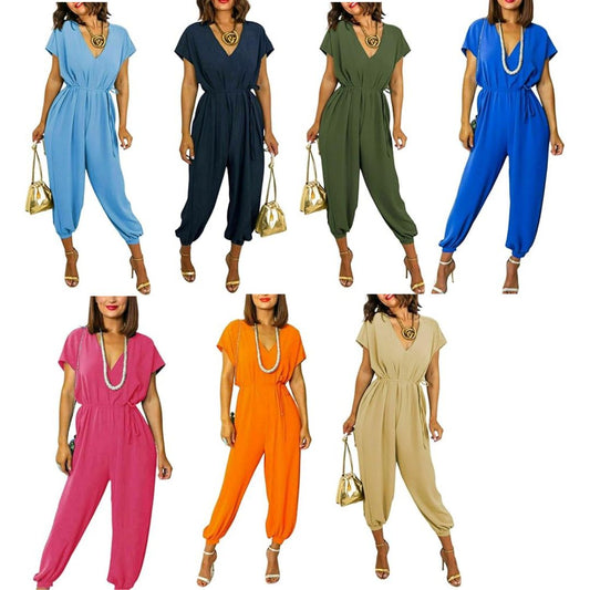 LUXE DIVA Women's V Neck Wrap Over Ankle Tie Waist Jumpsuit Ladies Harem Wide Leg Playsuit