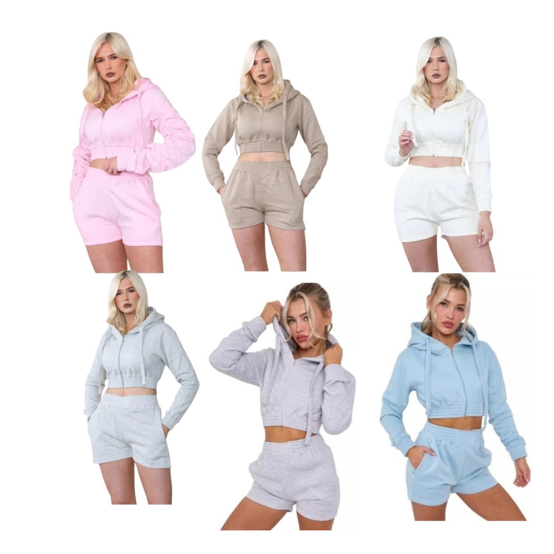 Womens Cropped Zip Up long Sleeve Hoodie And Shorts Lounge Set