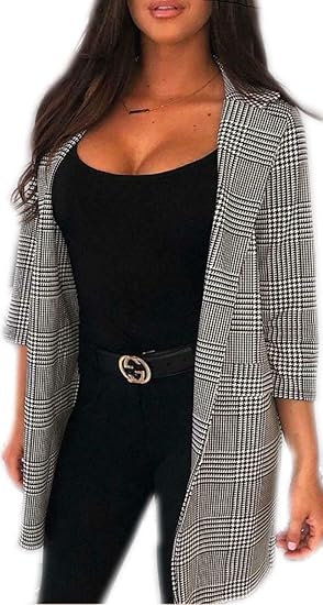 HUBIBUBI Womens Ladies Checkered Check Hound Tooth Tartan Duster Coat Jacket Blazer Top