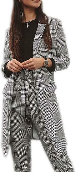 HUBIBUBI Womens Ladies Checkered Check Hound Tooth Tartan Duster Coat Jacket Blazer Top