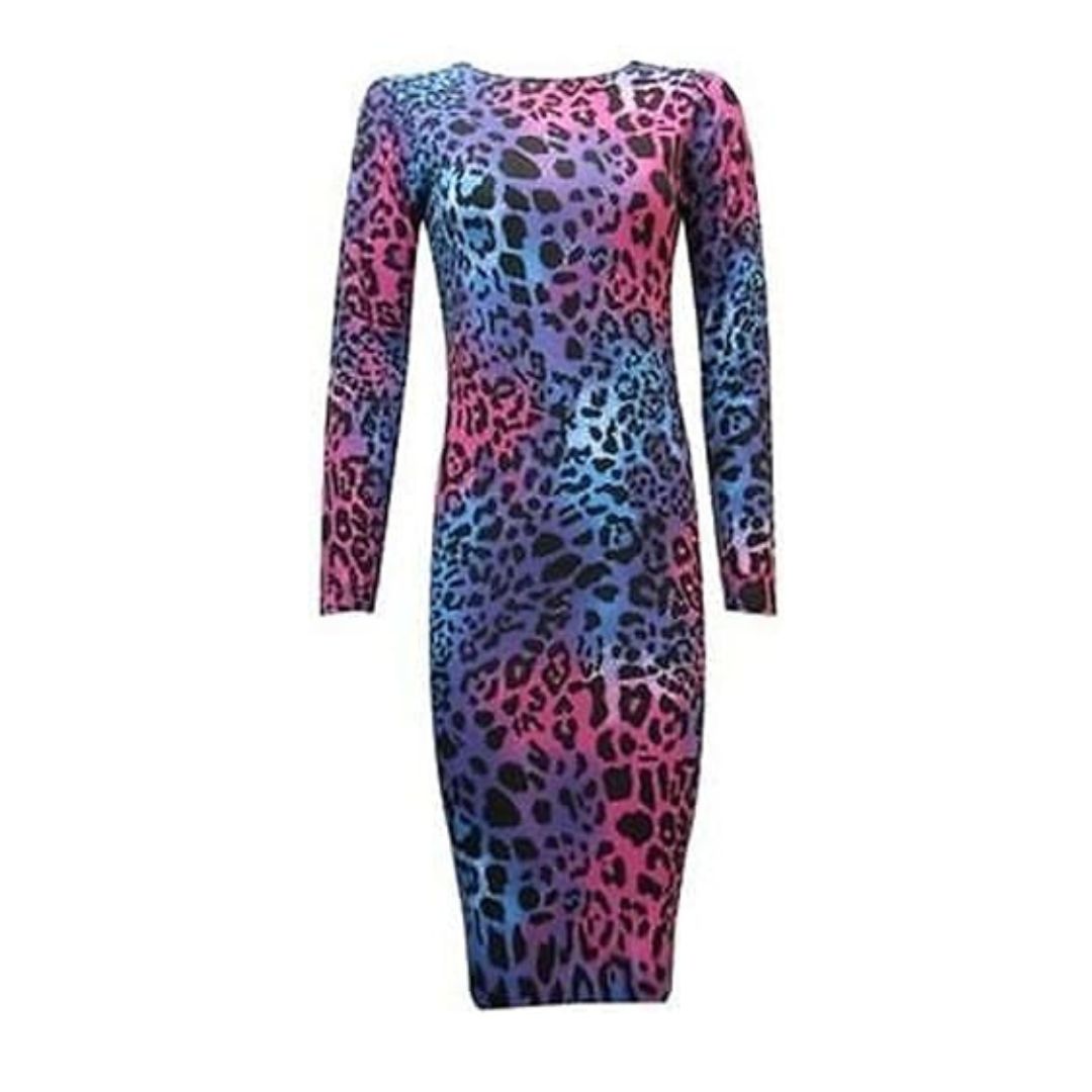 LUXE DIVA Ladies Womens Long Sleeve Stretch Jersey Bodycon Printed MIDI Dress Plus Size