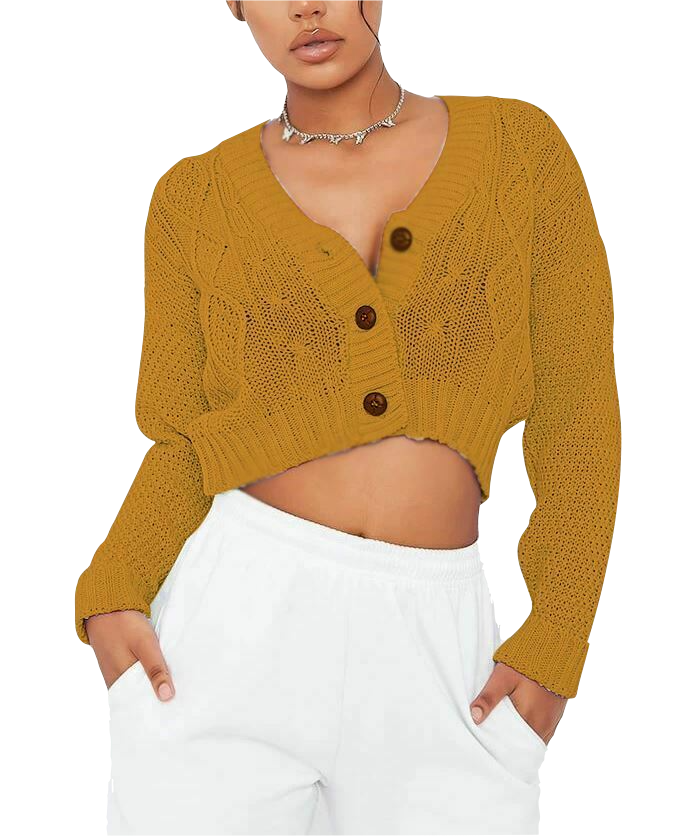 NEW Women's Chunky Cable Knitted Cardigan 3 Button Long Sleeves Crop Top Short