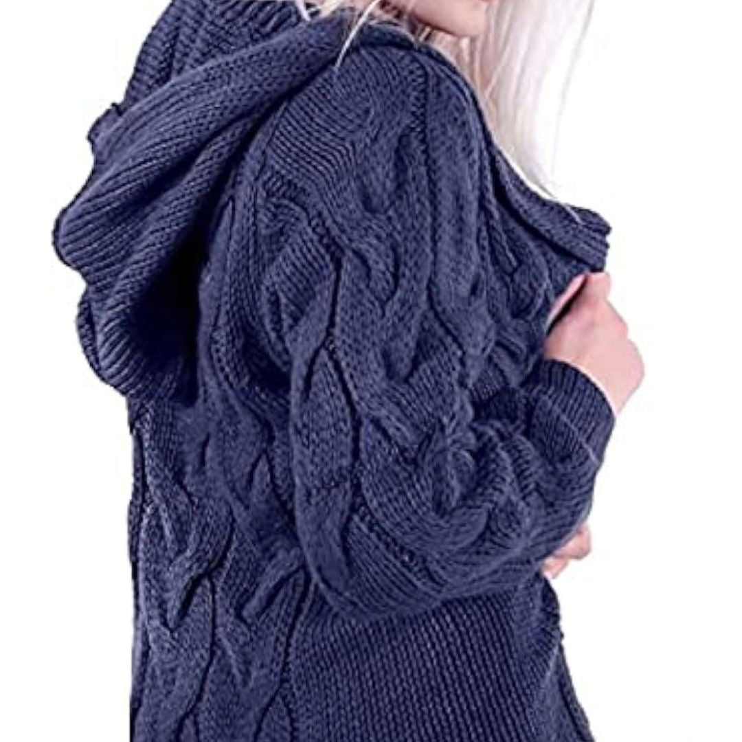 LUXE DIVA LADIES CABLE ALL-OVER HOODED ITALIAN KNITTED OPEN FRONT STYLE CARDIGAN