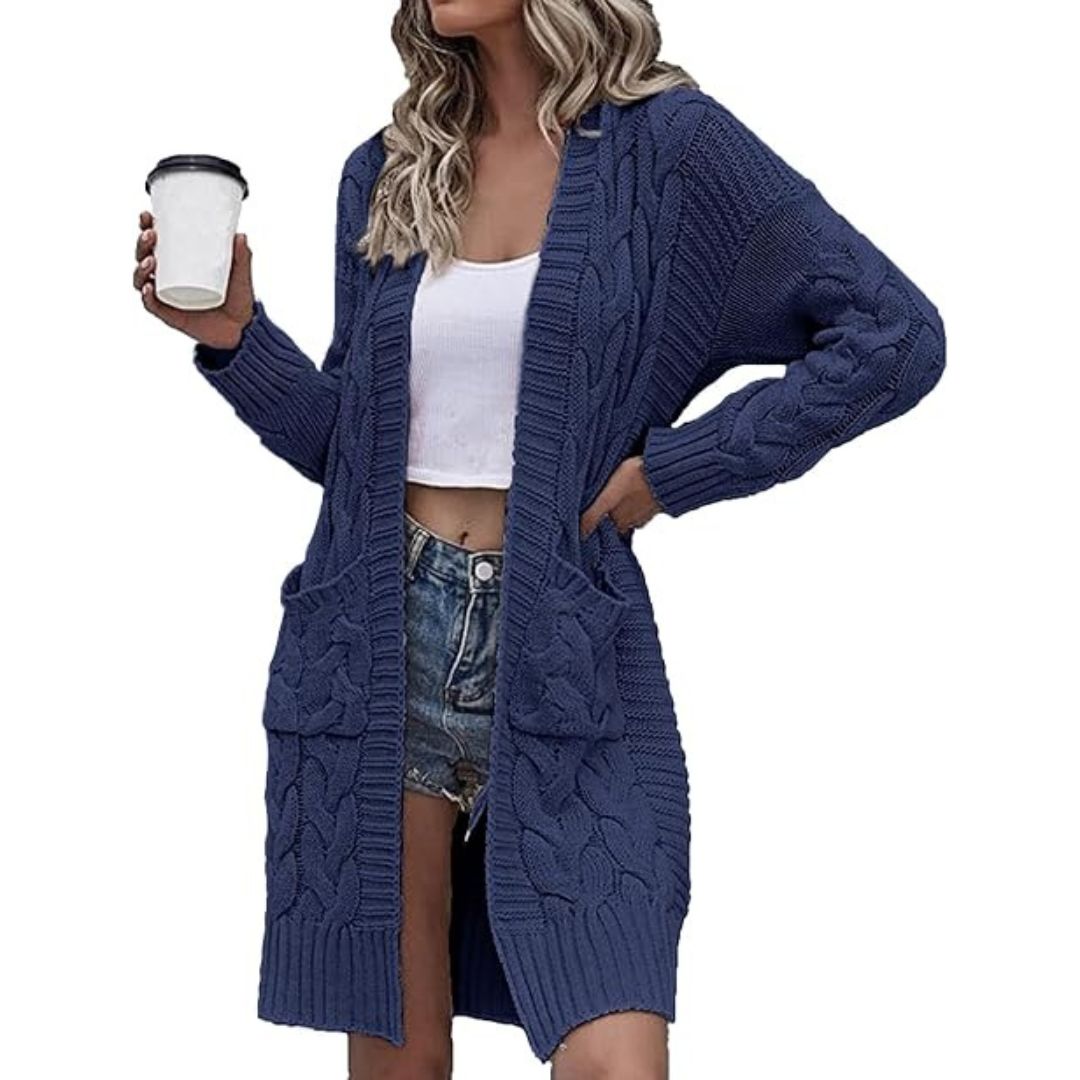 LUXE DIVA LADIES CABLE ALL-OVER HOODED ITALIAN KNITTED OPEN FRONT STYLE CARDIGAN