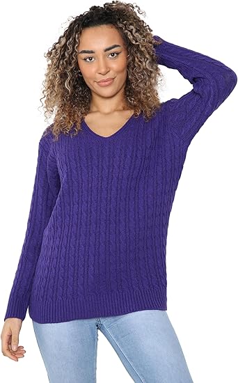 LUXE DIVA Women’s Long Sleeve V Neck Chunky Cable Knit Jumper for Ladies Casual Pullover Sweater for Women UK Size 8-22