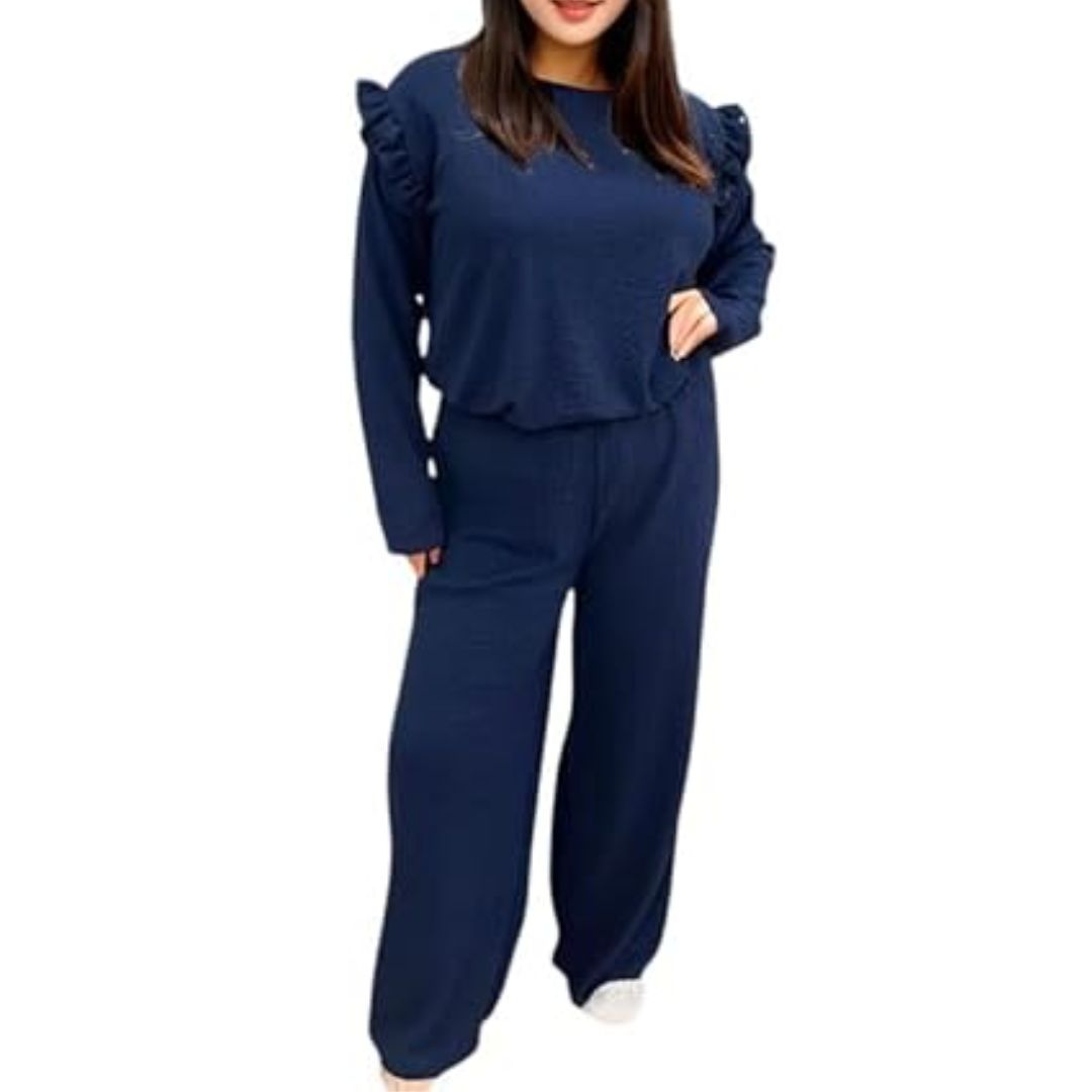 LUXE DIVA Ladies Frill arm Long Sleeve 2pcs Women's Wide Flared Leggings Trouser Loungewear Suit