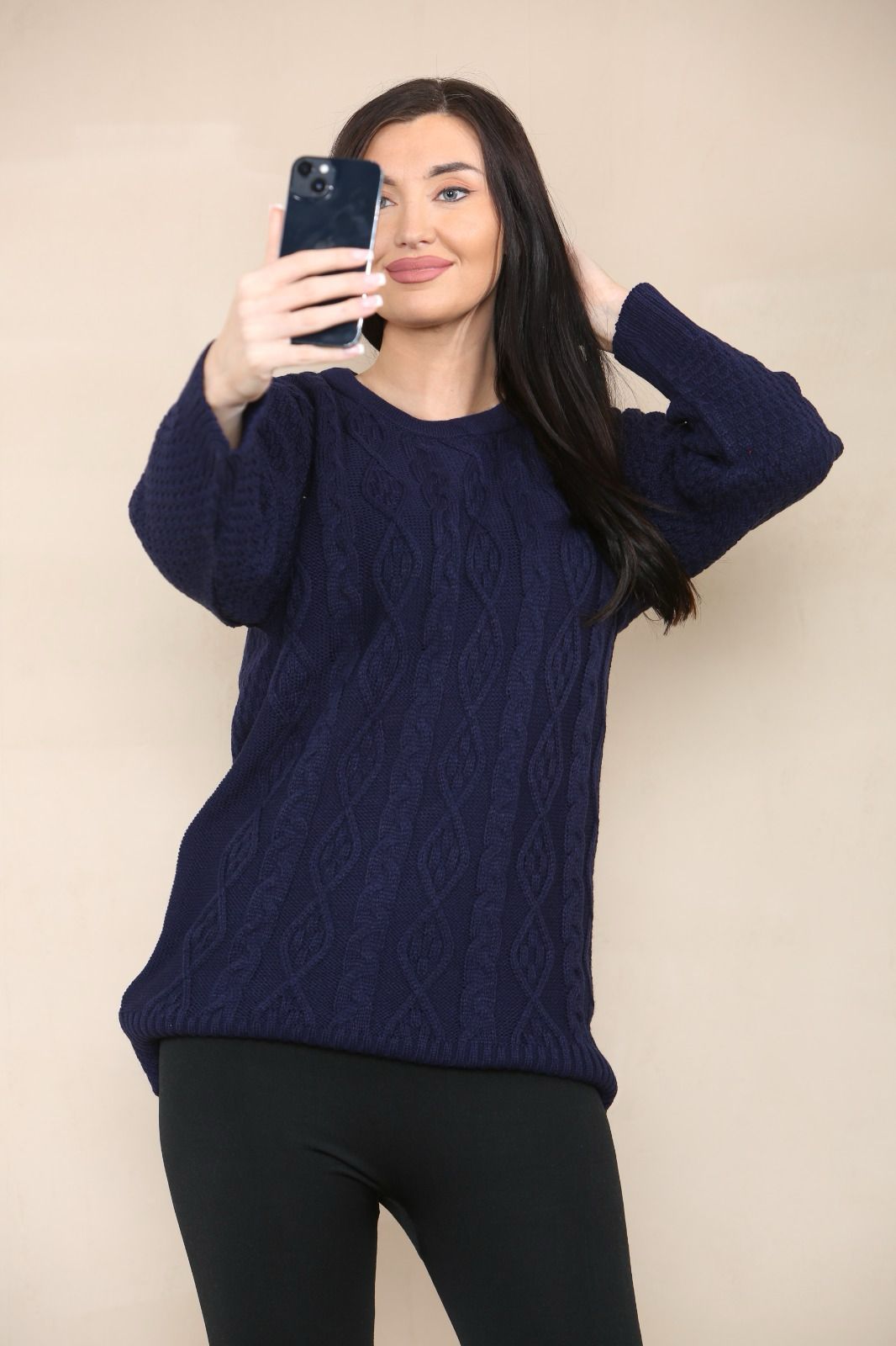 LUXE DIVA LADIES ROUND NECK LONG SLEEVE KNITTED JUMPER SELF PATTERN WITH DIAMOND ALL WAY DOWN CABLE KNIT