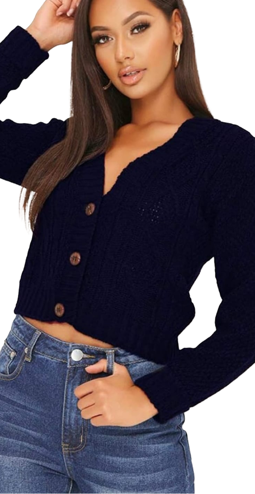 NEW Women's Chunky Cable Knitted Cardigan 3 Button Long Sleeves Crop Top Short