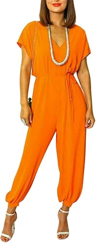 LUXEDIVA Womens V Neck Wrap Over Tie Waist Ankle Tie Jumpsuit Strappy Cam