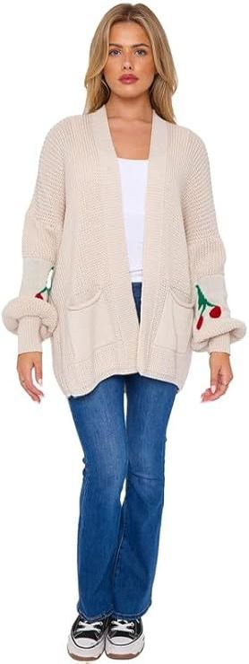 LUXE DIVA Womens Knitted Cherry Print Balloon Sleeves Cardigan