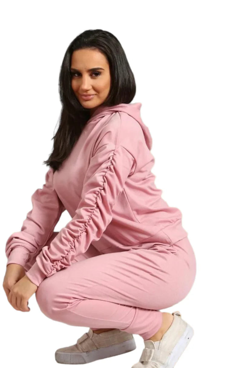 LUXE DIVA Women Ladies Ruched Sleeve Hoodie top & Bottom Suit Loungewear Tracksuit Set UK