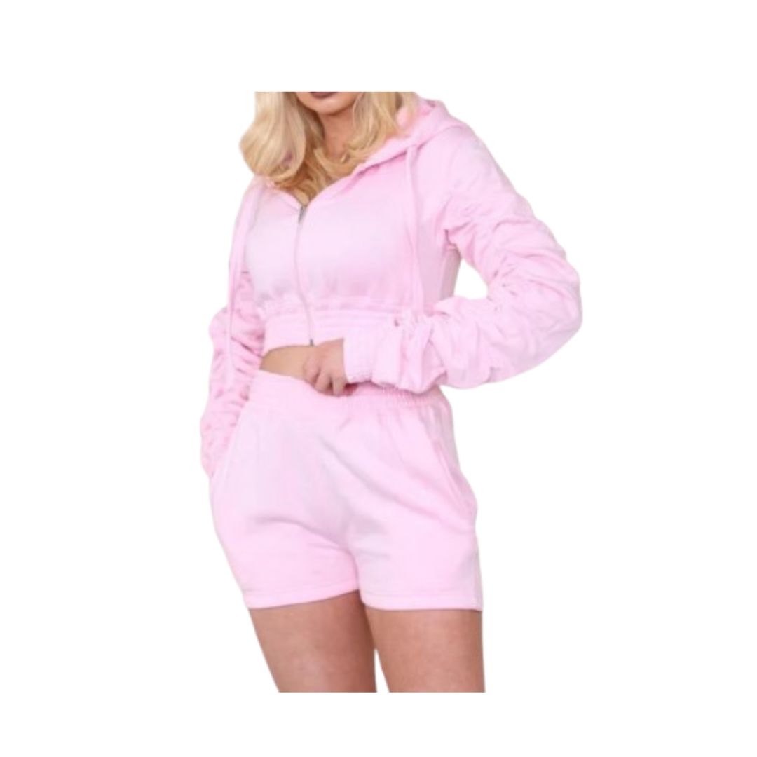 Womens Cropped Zip Up long Sleeve Hoodie And Shorts Lounge Set