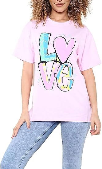 New Womens Ladies Short Sleeve Oversize Colorful LOVE Print Summer T-Shirt Top