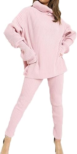 Ladies chunky knitted Ribbed polo high neck top leggings loungewear suit set