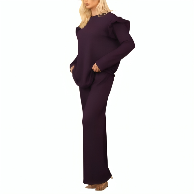 LUXE DIVA Ladies Frill arm Long Sleeve 2pcs Women's Wide Flared Leggings Trouser Loungewear Suit